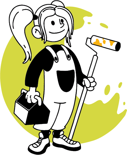 Mascotte de Ar-Dirah, un personnage souriant avec des couettes, une salopette, une caisse à outil dans la main droite, un rouleau à long manche dans la main gauche, sur un fond en demi-lune représentant des éclaboussures de peinture.