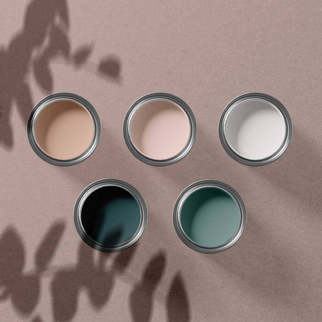 Image mettant en scène les différentes couleurs retenues pour la palette de l'Institut Somsy. Sur fond taupe avec des ombres de feuillages, on voit cinq pots de peinture métalliques ouverts, vue par le dessus. Chacun d'eux contient une des couleurs de la palette. Les trois pots du haut présentent les couleurs rose-orangé, de gauche à droite cashmere, dust storm et sauvignon. En dessous, les deux couleurs bleu-vert : nordic et gumbo.